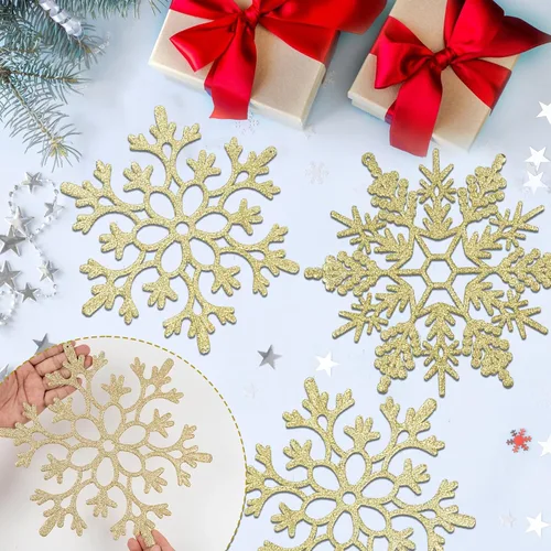 Miniatura 5 de 6 piezas de adornos grandes de copos de nieve dorados de 12 pulgadas, copos de nieve grandes de plástico con purpurina para invierno, interiores