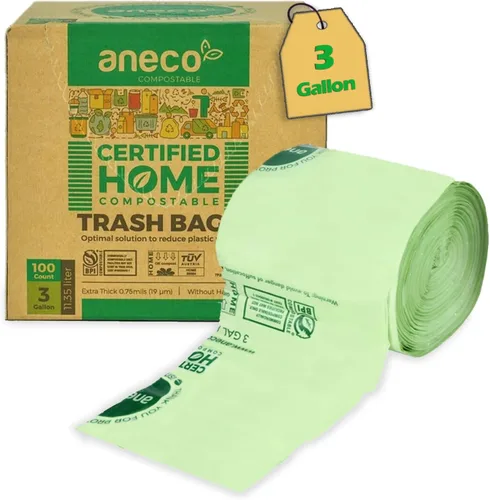 Miniatura 17 de (Incluye 10 bolsas adicionales) ANECO - Bolsas de basura 100% compostables de 2.6 galones, bolsas de compost pequeñas de cocina extra gruesas