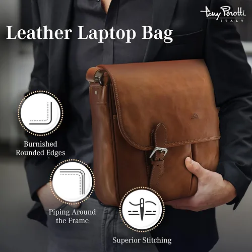 Miniatura 4 de Tony Perotti Lorenzo - Bolsa de cuero italiano para laptop de 14.5 pulgadas para hombre, maletín de cuero para computadora, bolsa de mensajero