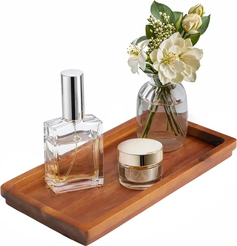Bandeja de tocador de baño de 11.8 x 5.9 pulgadas de madera de acacia natural, elegante organizador para cosméticos, joyas, perfumes, velas, llaves.