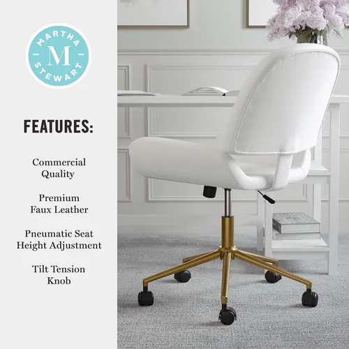 Miniatura 9 de Martha Stewart Tyla Silla giratoria sin brazos para oficina en casa en piel sintética blanca con marco de latón pulido Piel sintética blanca/latón