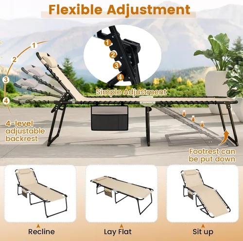 Miniatura 4 de Goplus Tumbona para exteriores, silla de playa plegable extragrande de 5 posiciones con almohada desmontable, bolsillo lateral, silla de bronceado