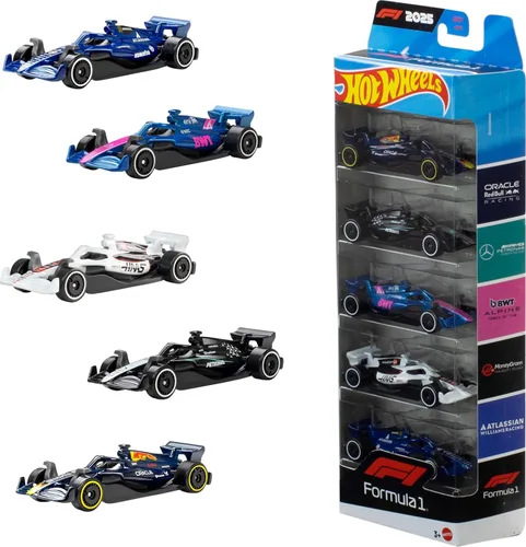 Hot Wheels Paquete de 5 coches Formula 1 a escala 1:64, juego de 5 coches de juguete fundidos oficialmente licenciados, coches de carreras F1