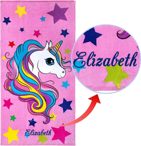 Beachland Toalla de playa personalizada de unicornio y estrellas, 30 x 60 pulgadas, 100% algodón, colores arcoíris (unicornio rosa personalizado)