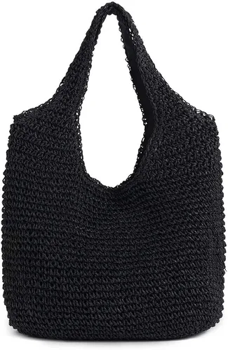 QTKJ Bolso de hombro de paja suave y grande tejida a mano estilo bohemio, bolso de playa de verano retro (negro), Beige, Caqui, Negro, 15.3''x 24.4''