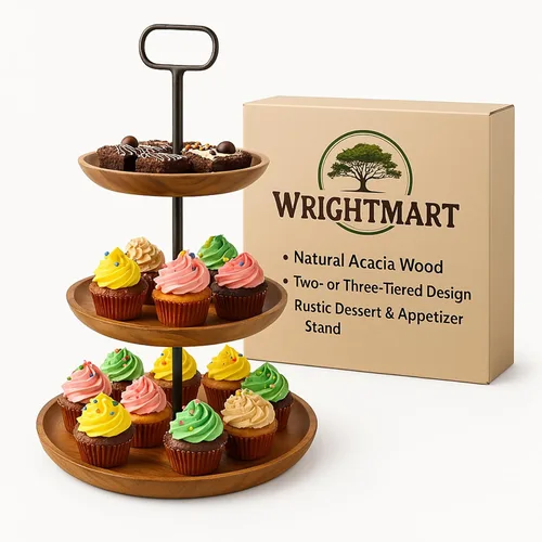 Miniatura 7 de Soporte de exhibición de madera de acacia de 3 niveles, torre rústica para cupcakes, servidor de postres y aperitivos, apilador de queso