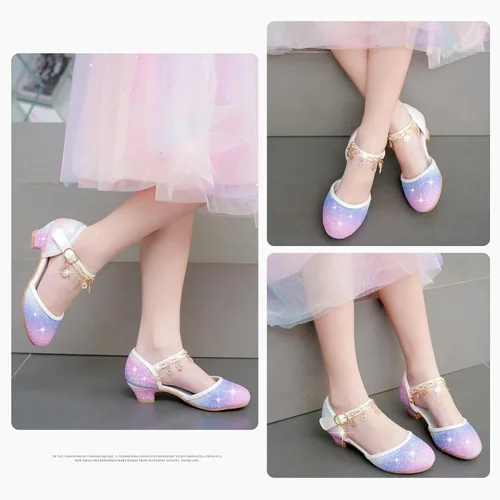 Miniatura 2 de Furdeour Sandalias para niñas con lazo brillante, zapatos de vestir de princesa con tacones altos de cristal, para fiestas, bodas, flores, zapatos