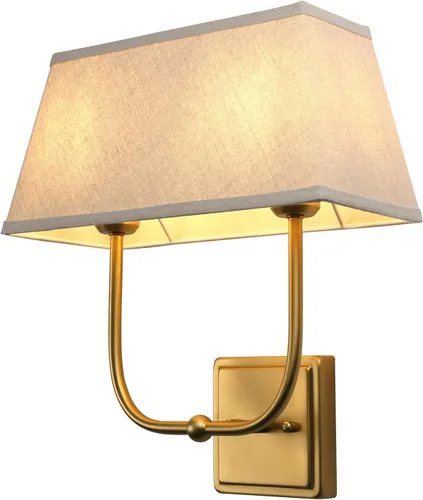Apliques de pared vintage de 2 luces con pantalla de tela de lino, lámparas de tocador de baño de doble cabezal en latón antiguo, lámparas de pared