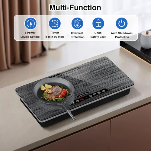 Miniatura 5 de Placa de inducción portátil de 2 quemadores, quemador de inducción doble de 1800 W con control táctil, temporizador y bloqueo de seguridad, estufa