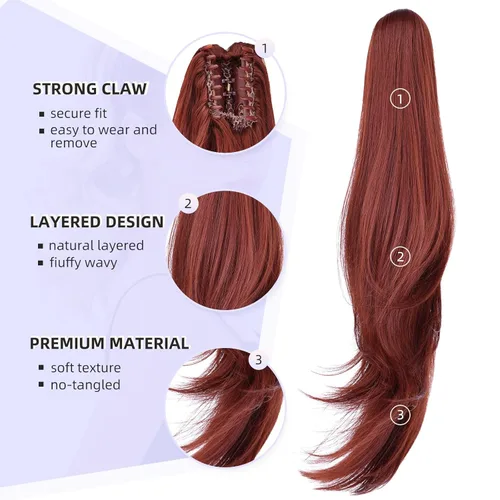 Miniatura 3 de Extensión de cola de caballo, extensiones de cabello con clip de garra de 24 pulgadas, extensiones de cabello largo y lacio, extensión de cabello
