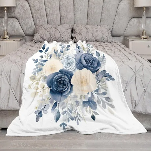 Miniatura 6 de Manta de flores de acuarela azul marino, bohemias, manta de acuarela floral con coronas de rosas y hojas de peonías, lujosa, cálida y acogedora