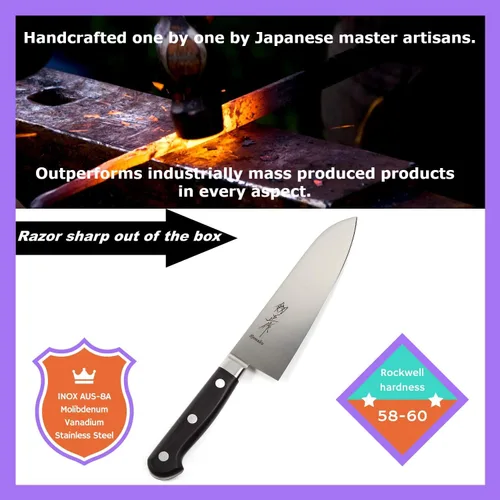 Miniatura 2 de Cuchillo de chef japonés multiusos INOX AUS-8A acero inoxidable mango de madera de Pakkawood negro, Santoku 7 pulgadas (7.087 in)