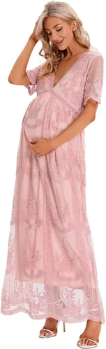 Miniatura 5 de ZIUMUDY Vestido de novia de maternidad con cuello en V y encaje floral de manga corta para sesión de fotos, baby shower