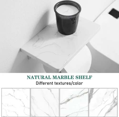 Miniatura 5 de Hoimpro Soporte de papel higiénico de aluminio blanco con estante de mármol natural blanco, soporte de almacenamiento de rollo de papel de seda