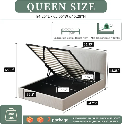 Miniatura 2 de Marco de cama de almacenamiento Queen con cabecero curvado, color crema