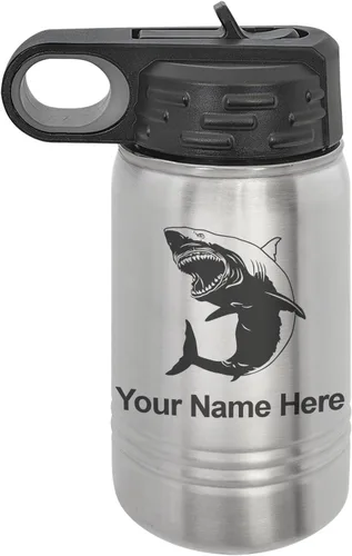 Miniatura 43 de LaserGram Botella de agua personalizada, gran tiburón blanco, acero inoxidable de doble pared aislada al vacío con popote superior, regalo grabado