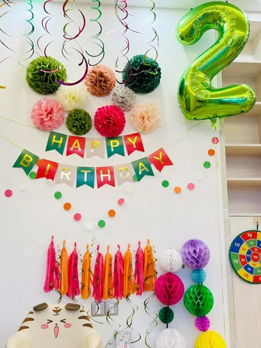Miniatura 7 de Decoraciones de cumpleaños rosa y verde para mujeres y niñas, pompones de papel de seda, pancarta de feliz cumpleaños, borla de papel, guirnalda
