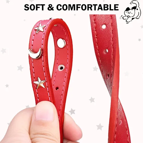 Miniatura 2 de Collares de cuero para gatos niño y niña con cascabel y cinturón elástico de seguridad, collar ajustable con hebilla de seguridad para gatito
