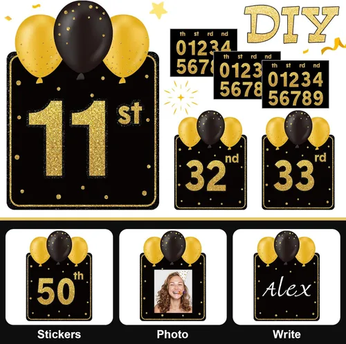 Miniatura 4 de Yerliker 16 piezas de carteles de feliz cumpleaños para patio con estacas, luces LED de 32.8 pies, 42 piezas de adhesivos numéricos, carteles