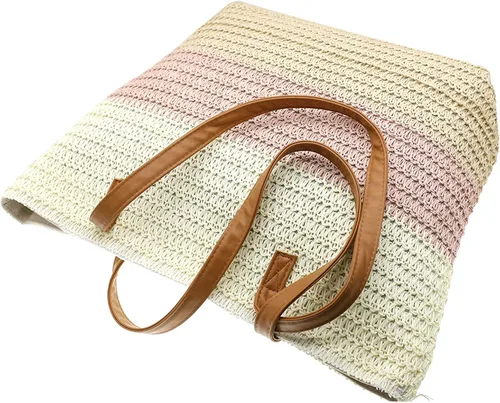 Miniatura 5 de Bolso grande de paja para mujer, tejido de ratán, bolso de playa de verano, a rayas