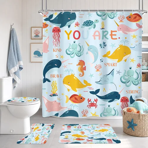 Miniatura 9 de Riyidecor Cortina de ducha para niños, 60 pulgadas de ancho x 72 pulgadas de alto, ballena oceánica, dibujos animados, animal, pulpo, medusa, vida