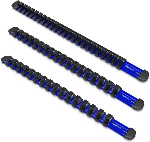 Miniatura 16 de Olsa Tools - Organizador de llaves de vaso de aluminio con tapas de extremo con candado - Accionamiento de 3/8 pulgadas - Raíles de soporte de Azul