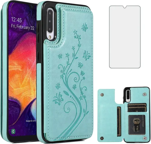 Funda de teléfono para Samsung Galaxy A50 con protector de pantalla de vidrio templado y tarjetero con soporte para tarjetero, soporte para celda de