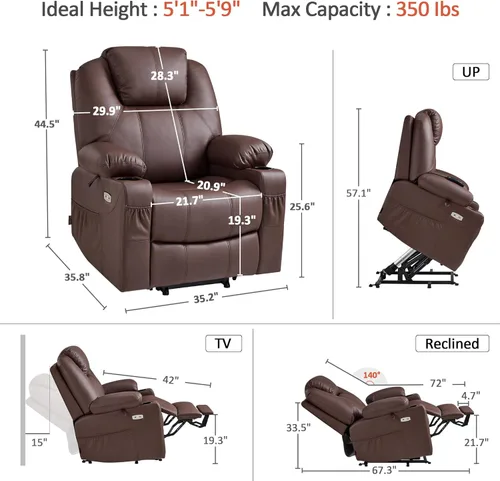 Miniatura 3 de MCombo Sillón reclinable eléctrico con capacidad de elevación, masaje y calor para ancianos, 3 posiciones, 2 bolsillos laterales y portavasos