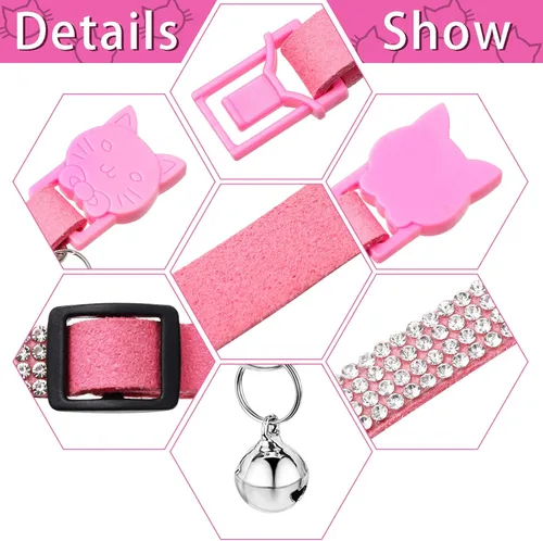 Miniatura 3 de Weewooday 4 collares de gato con diamantes de imitación, collar de gato con campana, accesorios brillantes para mascotas con terciopelo suave, 4