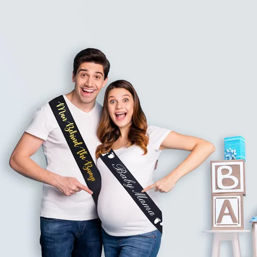 Miniatura 2 de Divertida banda para baby shower con texto en inglés "Man Behind The Bump" para papá futuro, decoración de fiesta de baby shower, suministros