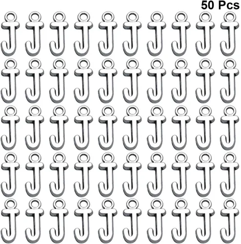 Miniatura 5 de 50 dijes de aleación con dije del alfabeto inglés J para hacer joyas, accesorios para hacer joyas, collar con inicial j para pulsera (plata antigua)