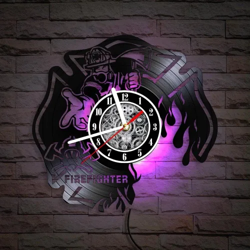 Miniatura 9 de The Geeky Days Reloj de pared LED de bombero, disco de vinilo, 7 colores, cruz maltesa quemada, 12 pulgadas, silencioso, sin tictac, casco