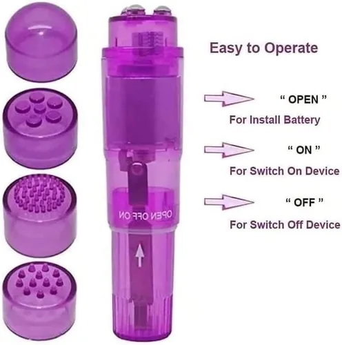 Miniatura 5 de Pequeño masajeador mini portátil en forma de bolígrafo para cuerpo, cara, cuello, cabeza, espalda con 4 cabezales (rosa y morado)