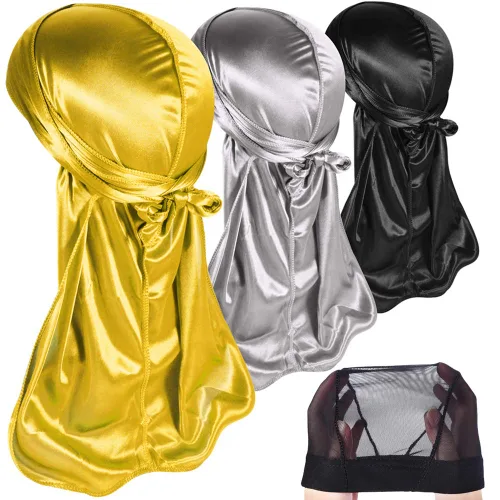 Miniatura 14 de Paquete de 3 piezas de durags sedosas para ondas de hombres, de regalo 1 gorra para marcar las ondas, talla única