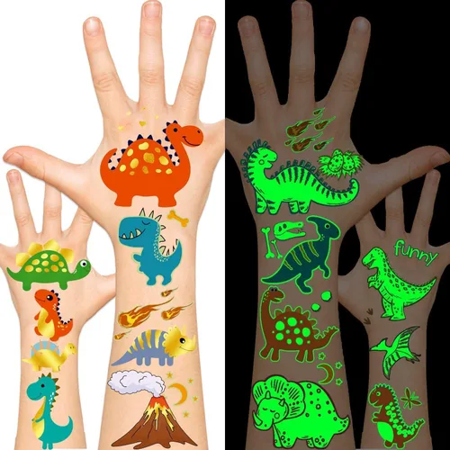 Leesgel Tatuajes temporales de dinosaurio para niños, calcomanías de dinosaurio, decoraciones de suministros de fiesta de cumpleaños de dinosaurio