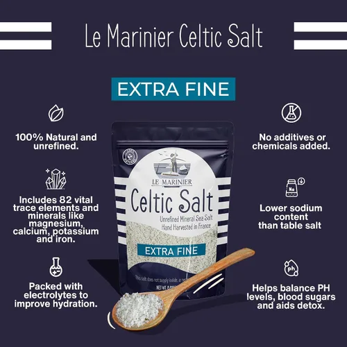 Miniatura 2 de Le Marinier Sal marina francesa extra fina, 8.81 onzas – 0.6 libras. Sal celta orgánica, 100% natural, rica en minerales, sin refinar, cosechada a