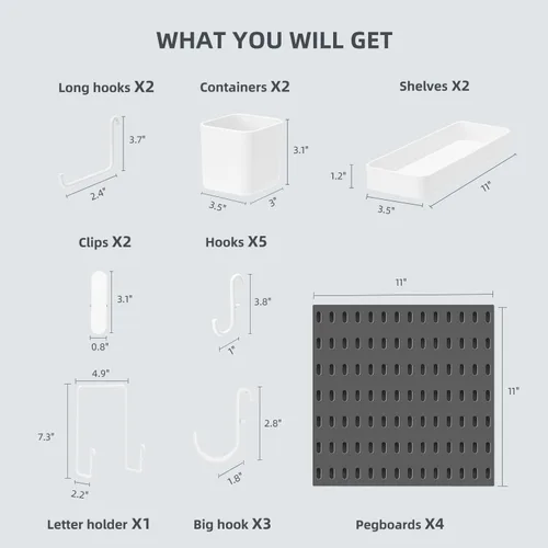 Miniatura 3 de VUSIGN Kit de organizador de pared combinado de tablero de clavijas, 4 piezas de tableros de clavijas y 17 accesorios modulares para colgar, kit