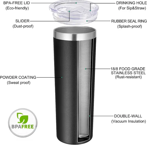 Miniatura 2 de VEGOND - Vaso delgado de acero inoxidable de 20 oz con aislamiento al vacío con tapa y pajita, taza de café de doble pared, taza de viaje