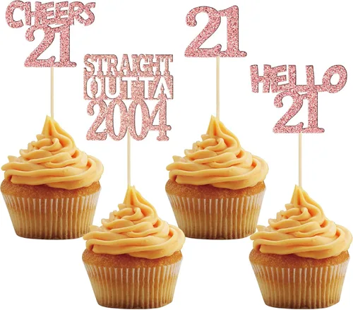 Gyufise 24 piezas de decoración para cupcakes de cumpleaños de 21 años con purpurina de veintiún rectas fuera de 2004, decoraciones para pasteles de