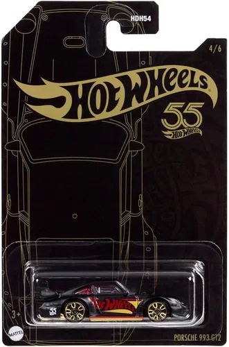 Miniatura 5 de Hot Wheels - Vehículo coleccionable fundido a presión, edición 55 aniversario, negro y dorado, inspirado en el auto deportivo Porsche 993 GT2 ~ 4/6