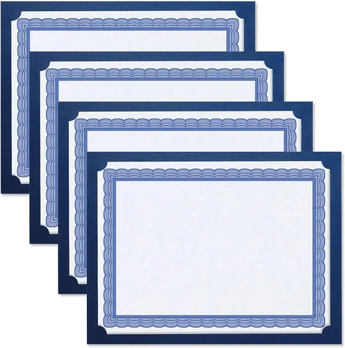 Miniatura 4 de Porta certificados color azul liso – Paquete de 25, cubierta de lino de 80 libras. Stock, de un solo lado, esquinas troqueladas, para oficina