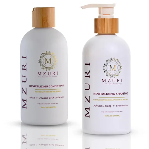 MZURI Juego de champú y acondicionador – Jabón negro africano y champú de karité + acondicionador de madera de cedro de vainilla | Limpieza