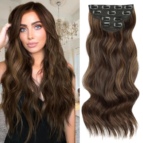 Miniatura 11 de Extensiones de cabello con clip de Vigorous de 20 pulgadas, con reflejos rubio playa, extensiones de cabello ondulado largo y suave de cabello