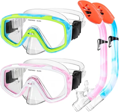 Miniatura 9 de Juego de esnórquel para niños, máscara de buceo antivaho para niños, gafas de natación, equipo de esnórquel con parte superior seca, paquetes
