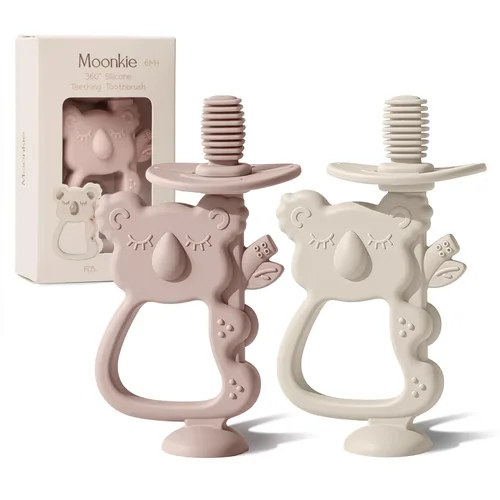 Moonkie Juego de 2 juguetes de dentición, seguros y fáciles de sostener sin BPA, cepillo de dientes para bebé de 360° con base de succión, juguetes
