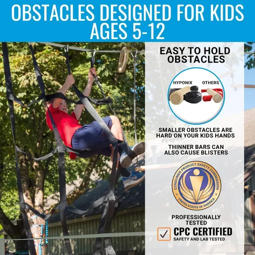 Miniatura 4 de Hyponix - Carrera de obstáculos Ninja Warrior para niños, línea floja de 2 x 50 pies con 10 obstáculos ninja al aire libre, soporta 880 libras - Red