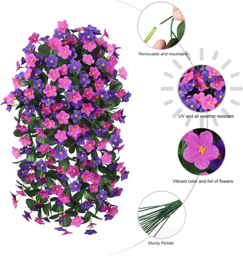 Miniatura 3 de Flores Artificiales Falsas Colgantes Plantas para Decoración de Exterior Invierno Verano, 2PCS Flores de Margarita de Seda Sintética de Aspecto Real