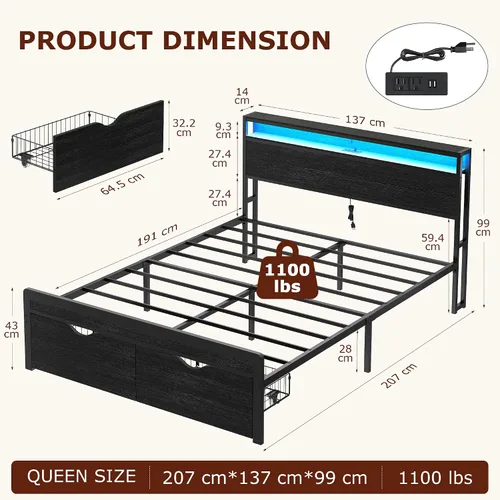 Miniatura 2 de FAVOOSTY Base de cama de tamaño matrimonial con cabecera de 2 niveles, plataforma de metal con 2 cajones de almacenamiento, luces LED y estación