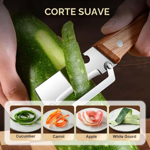 Miniatura 5 de Cuchillo pelador de frutas grueso multifuncional de acero inoxidable para cocina, hoja ultraafilada con mango de madera y abridor de botellas
