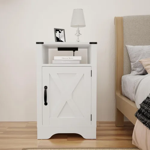 Miniatura 3 de FansaFurn Mesita de noche de granja con estación de carga, mesa auxiliar rústica de madera para dormitorio, sala de estar, 16 pulgadas de Blanco